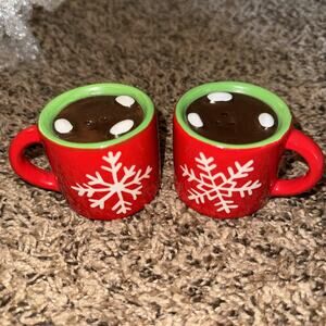 Sleigh Bell Bistro Hot Cocoa Mugs Salt & Pepper shakers, Red w/ white snowflakes